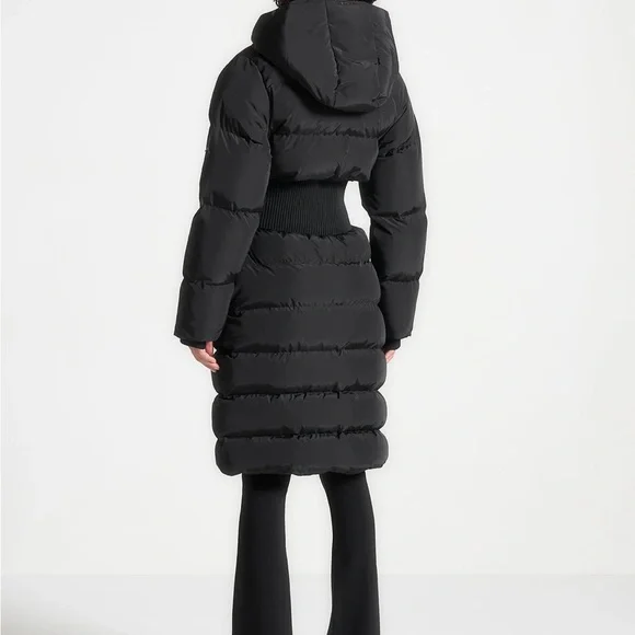 Corset Detail Longline Puffer Coat - Black - Picture 2 of 4